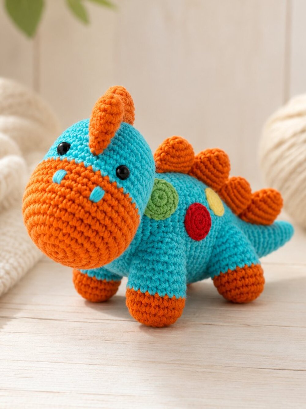 NWT Crochet Turquoise & Orange Stegosaurus Dinosaur Plush Baby Rattle